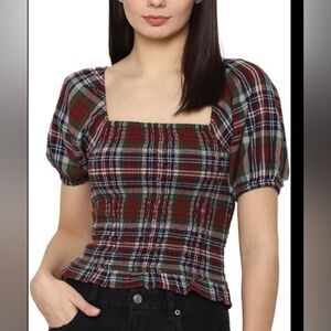 American Eagle Tartan Plaid Smocked Puff Sleeved Blouse Size XS
